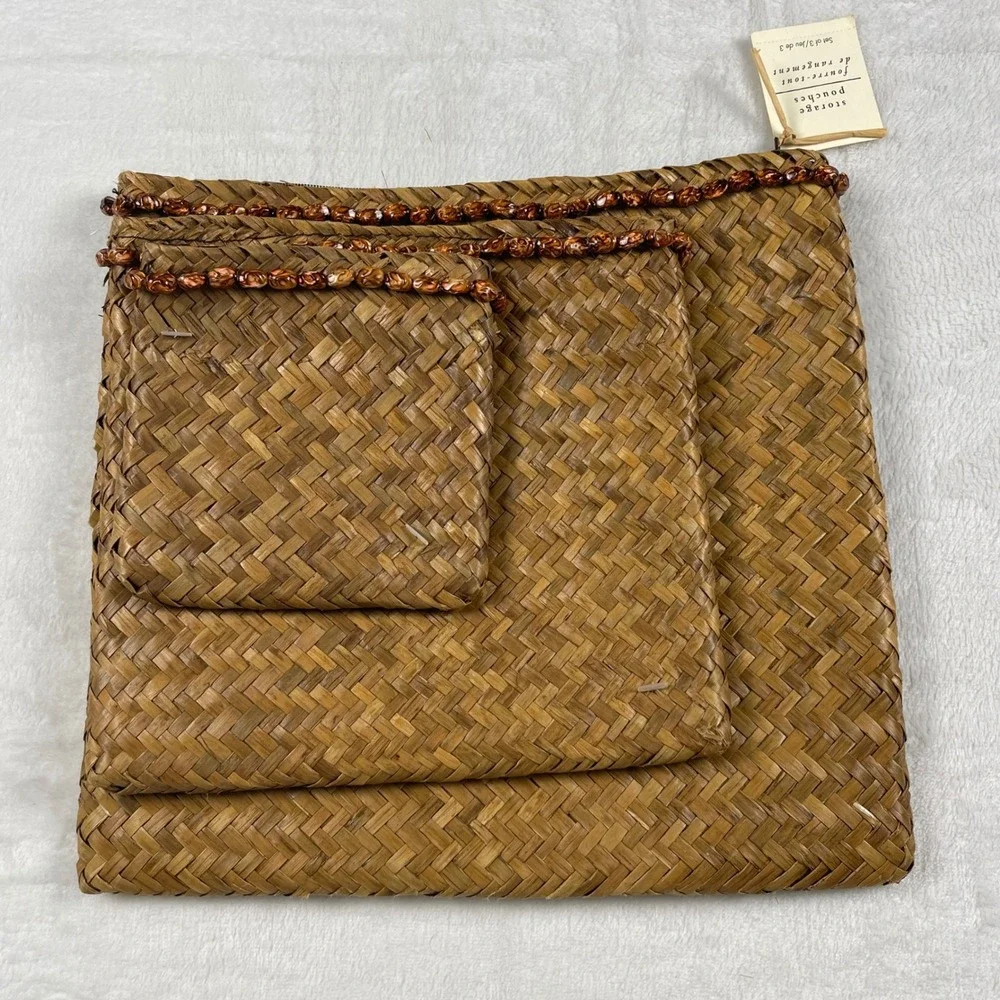 Pier‎ 1 Imports Woven Straw Storage Pouches Set of 3 Brown Beaded Zipper NEW